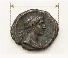 Ancient coin with an irregular outline and the largest diameter marked