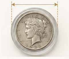 Silver dollar in a capsule with the outer diameter marked