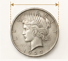 Silver dollar with the diameter marked across the face of the coin