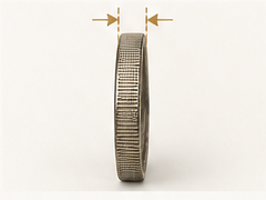 Silver dollar standing on its edge with the thickness marked