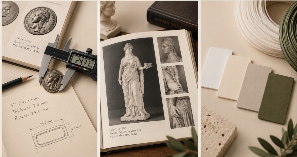 Coin measurements, reference materials, and PLA colour samples for the intake step